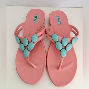 Oka-B flip-flop coral color sandals with turquoise stone-like accents. Size M/L